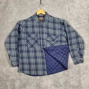 Vtg St Johns Bay Large Flannel Quilted Lined Shirt Jacket Heavyweight Blue Plaid